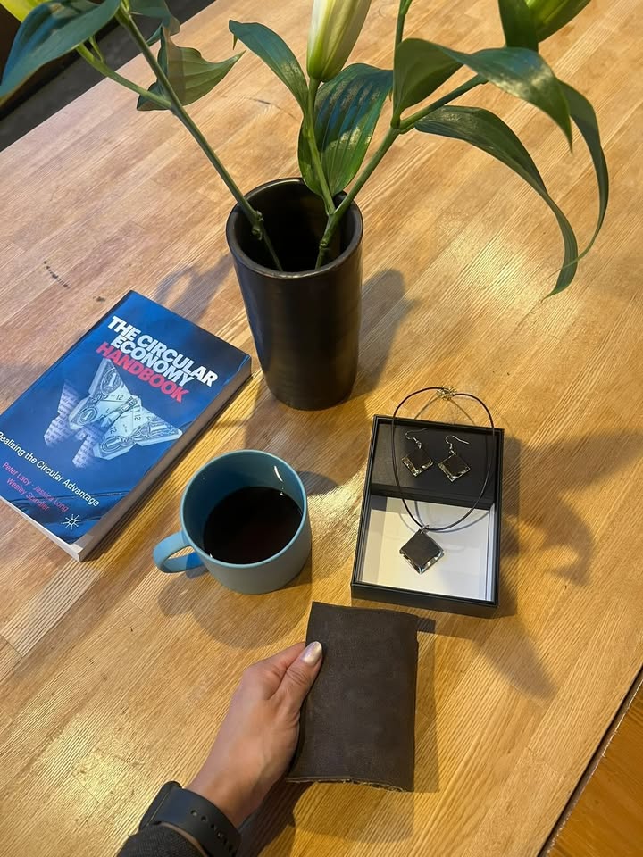 Finished coffee leather earrings, necklace and wallet